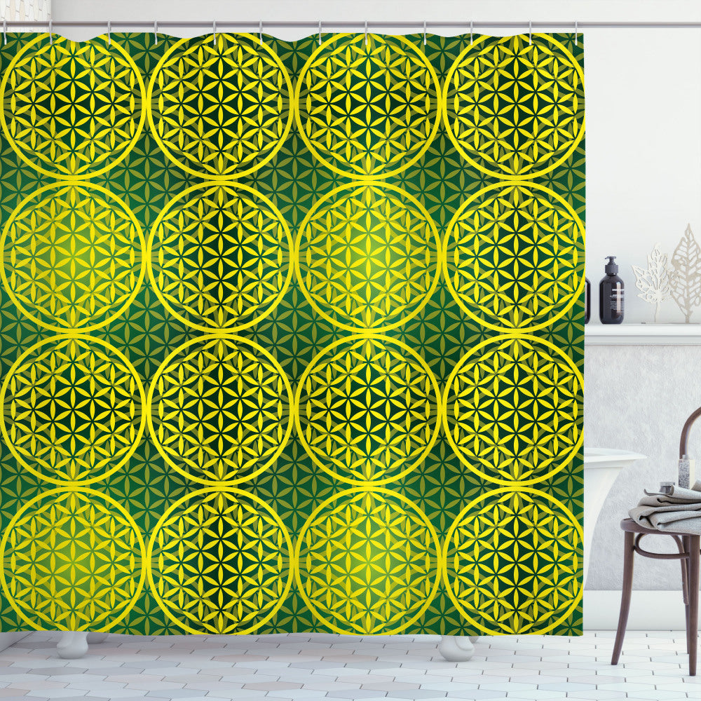 Abstract Floral Hunter Green and Yellow Shower Curtain: A Vivid Flower of Life Optimized Rewrite