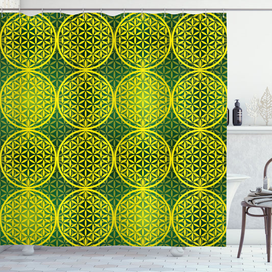 Abstract Floral Hunter Green and Yellow Shower Curtain: A Vivid Flower of Life Optimized Rewrite