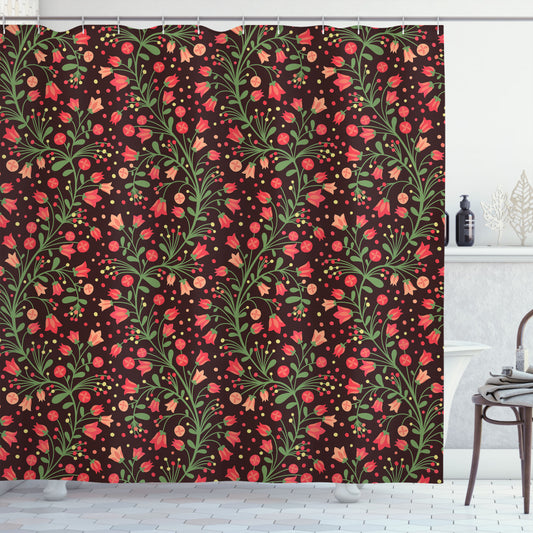 Botanical Blossoms on Curvy Branches: A Floral Fusion of Fern Green, Dark Coral, Peach, and Burgundy Shower Curtain