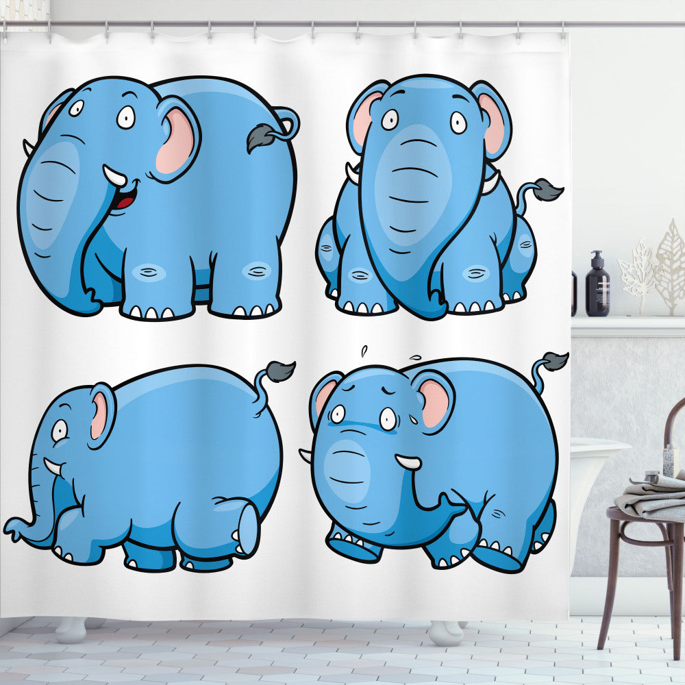 Baby Blue and White Cartoon Elephants Shower Curtain