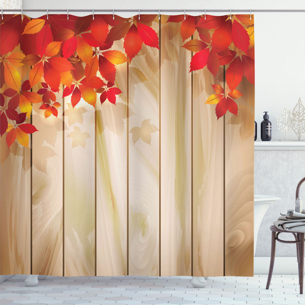 Autumn Orange Tones Leaves Bath Curtain with Fence, Beige, and Scarlet Accents