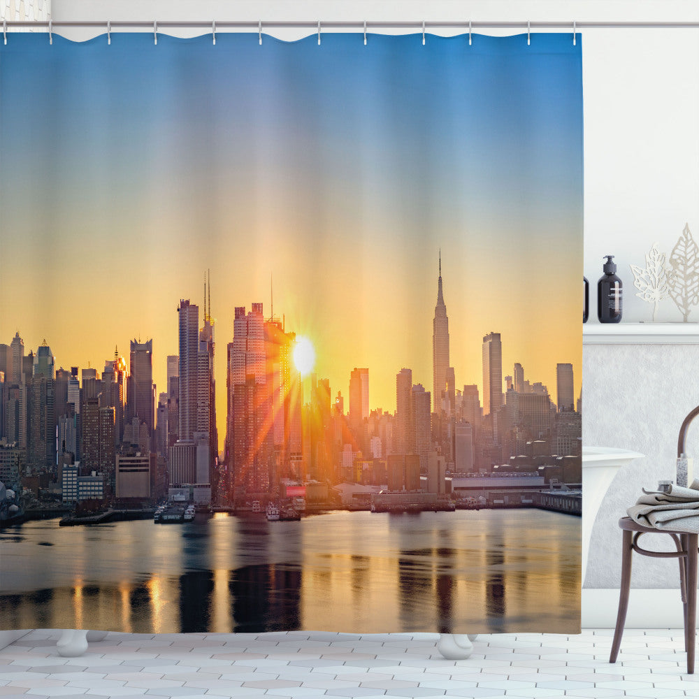 Cityscape Morning Glow Midtown Bath Curtain in Pale Blue, Peach, and Tan