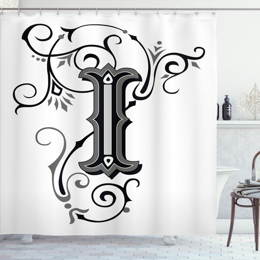 Captivating Abstract: A Fusion of Keywords: Letter I, White, Black, and Grey. Product: Shower Curtain.