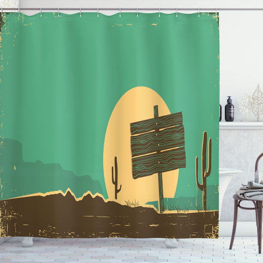 Western-inspired Grungy Desert Landscape Shower Curtain in Sea Green, Beige, and Umber Tones