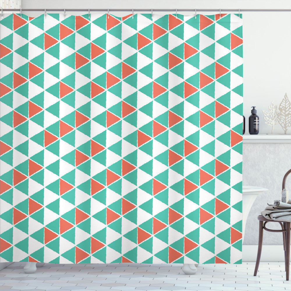 Abstract Triangle Arrangement in Sea Green, White, and Coral - Shower Curtain