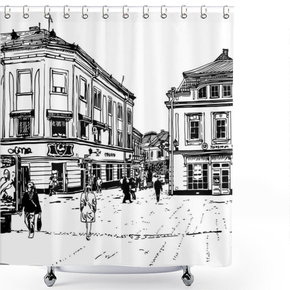 Urban Cityscape Retro Sketch Art on White and Black Shower Curtain