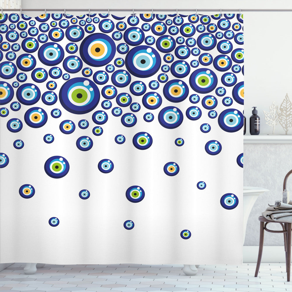 Vibrant Turkish-inspired Shower Curtain featuring Evil Eye, Marigold, Green, and Blue Accents