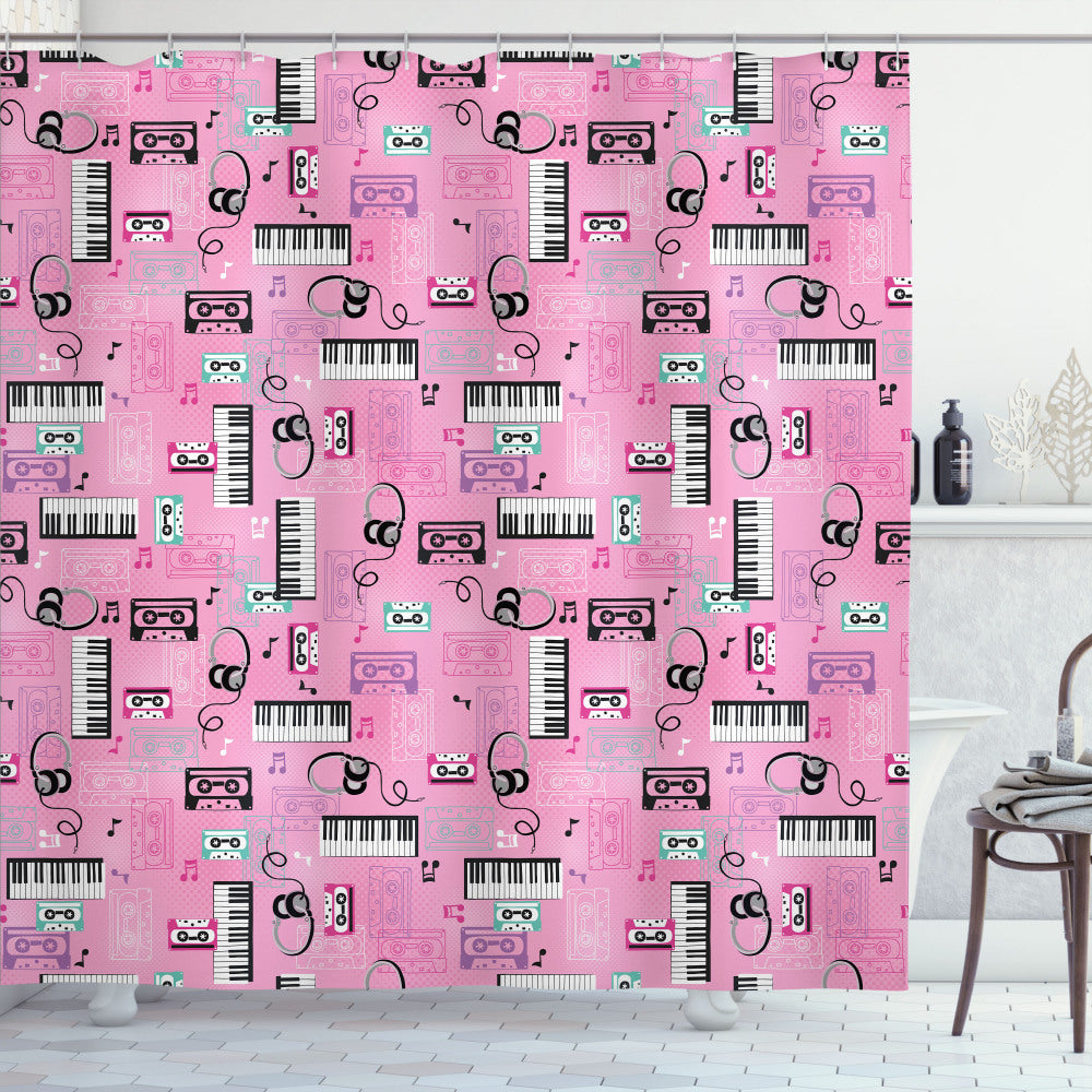 Vintage Retro Music Theme Shower Curtain in Pink