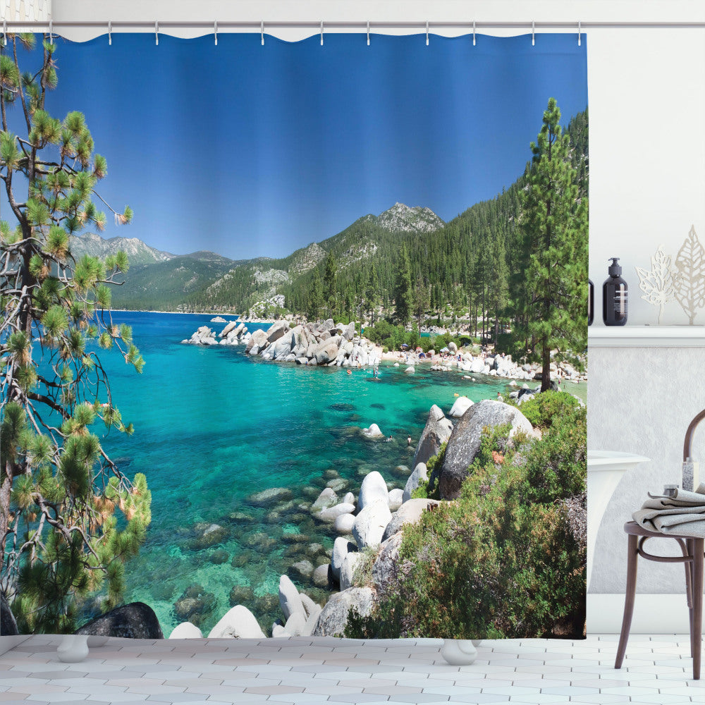 Turquoise and Fern Green Lake Forest Scene Shower Curtain with Azure Blue and Pale Grey Accents