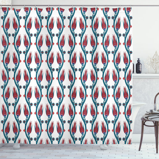 Teal and Red Tulip Ottoman Style Floral Art Shower Curtain