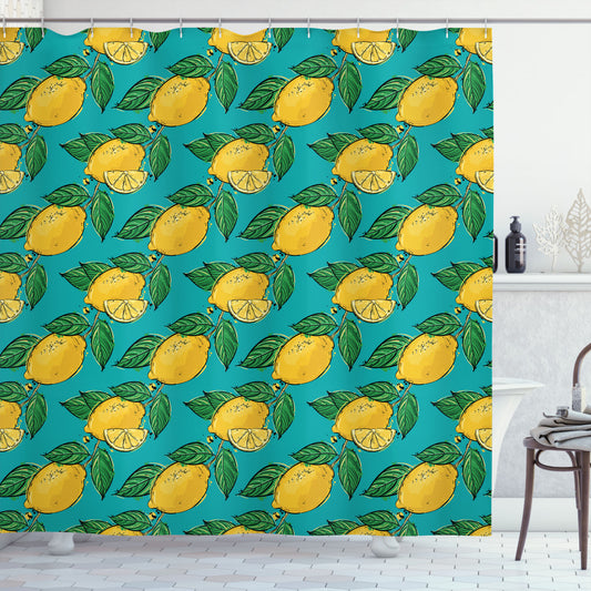 Vibrant Hand Drawn Lemons Vegan Shower Curtain in Yellow, Green, and Teal