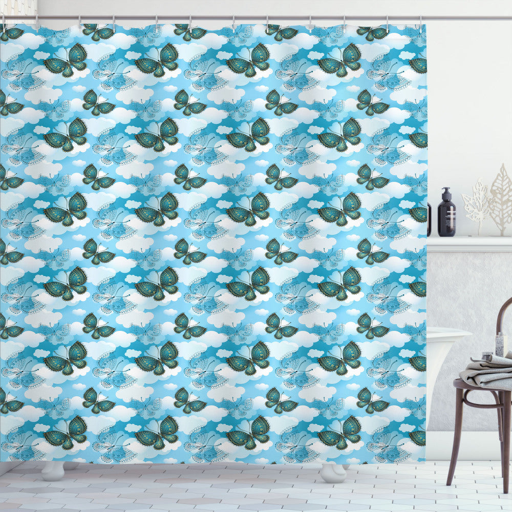 Butterfly-Inspired Floral Ornamental Moths Shower Curtain in Deep Sky Blue, Mustard, Baby Blue, and Petrol Blue