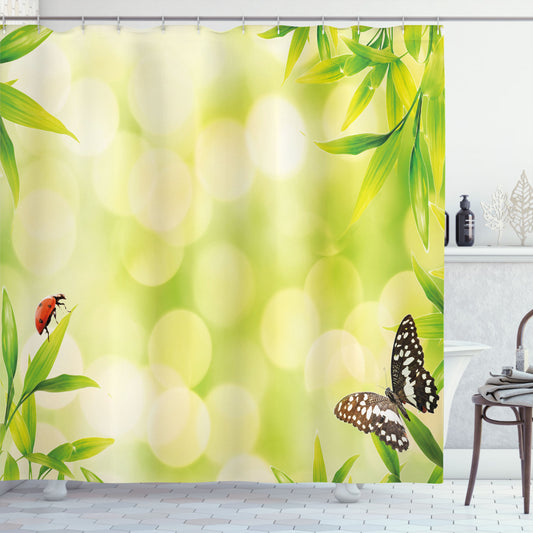 Bamboo-inspired Shower Curtain in Pale Green and Multicolor with Animal Prints