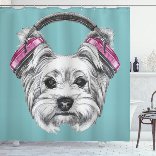 Yorkie-themed Pale Blue and White Headphones Music Dog Shower Curtain