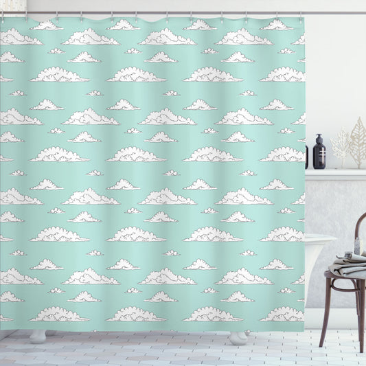 Teal and White Seafoam Bath Curtain Covered with White Fluffy Clouds