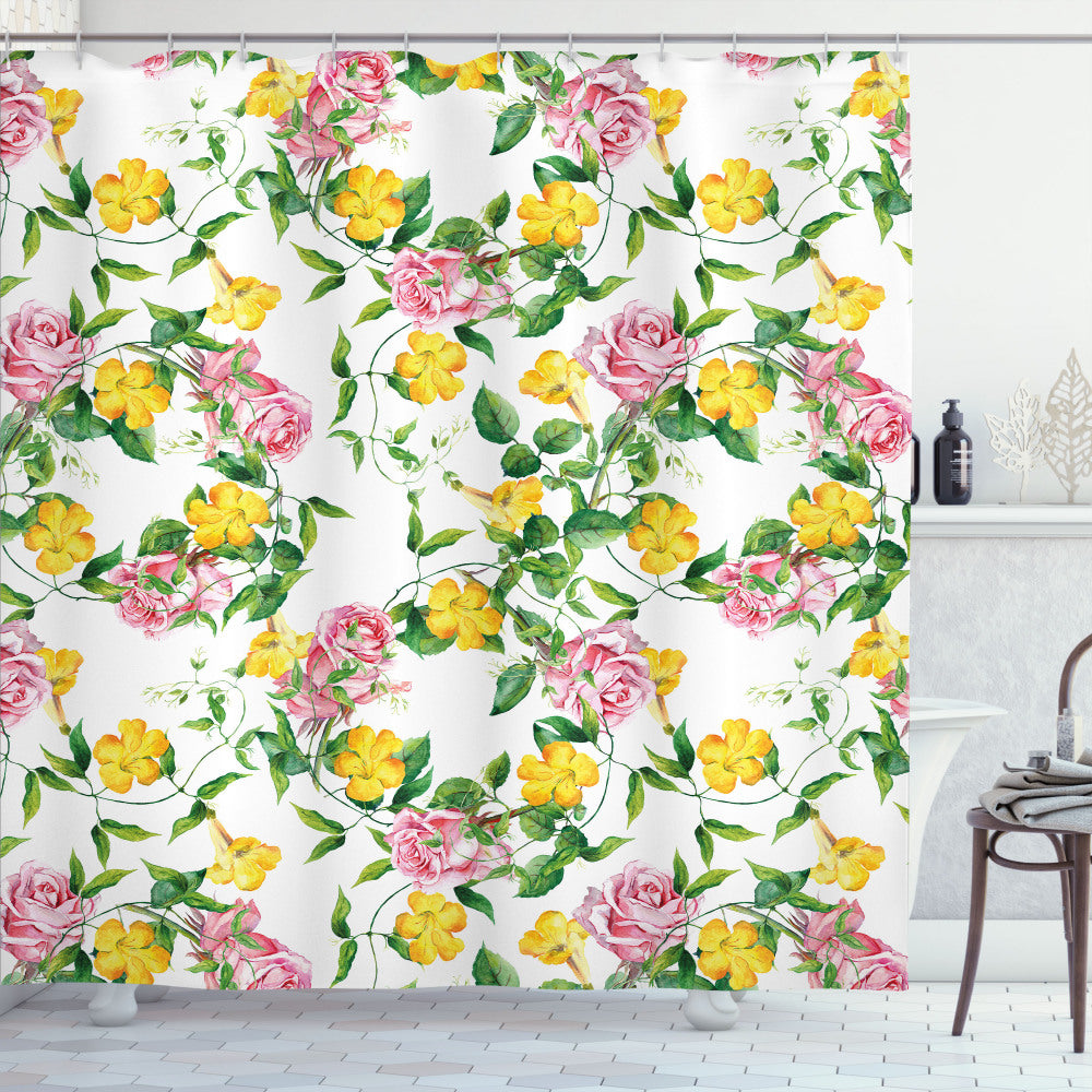 Bindweed Roses: Luxurious Bath Curtain in Yellow Flower, Jade Green, and Baby Pink