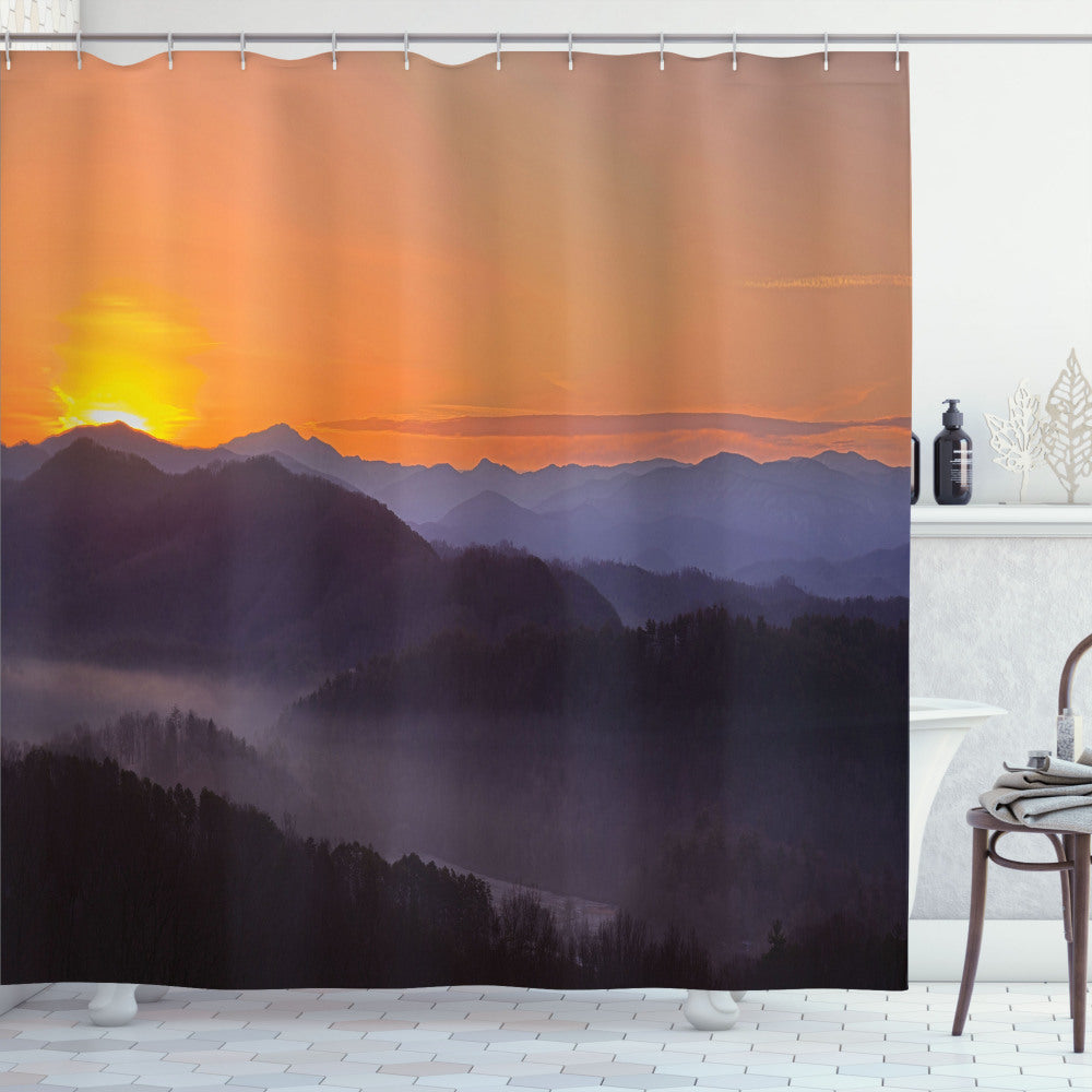 Appalachian Sunrise: Misty Mountains Shower Curtain in Pale Orange, Purpleblue, and Charcoal Grey