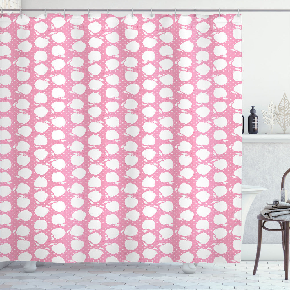 Apple Silhouettes Bath Curtain with Pink Polka Dots and Pastel Pink and White Elements