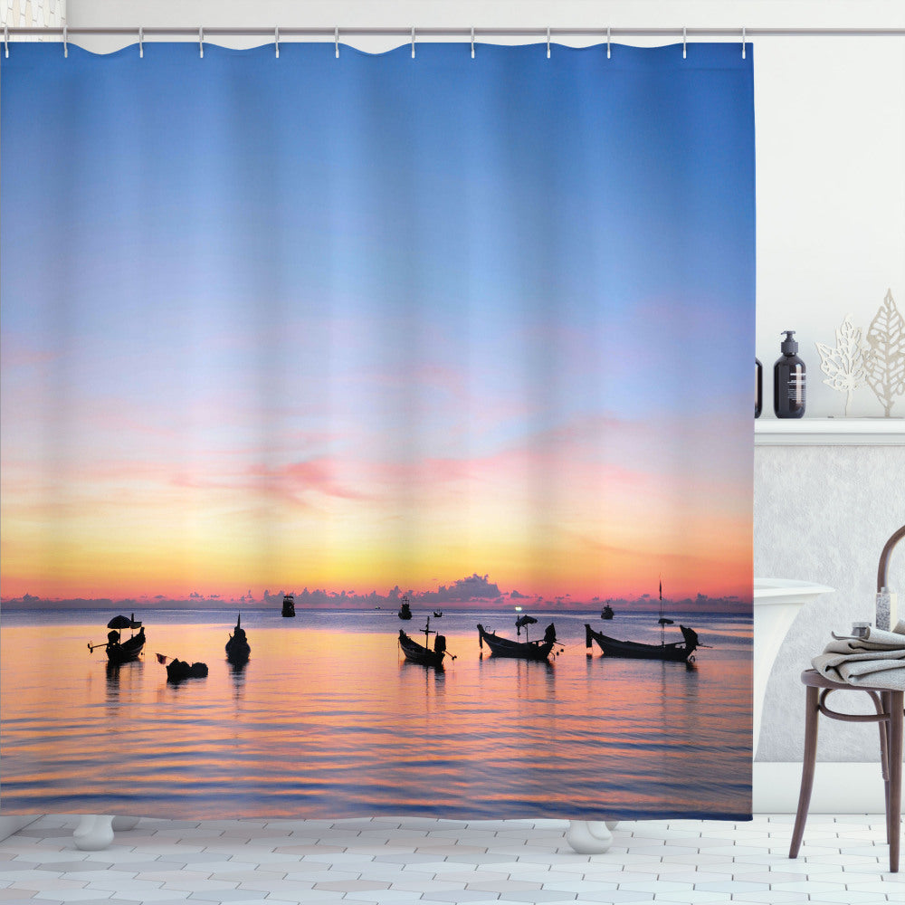 Yellow and Blue Coral Fishing Ships Sunset Sea Shower Curtain