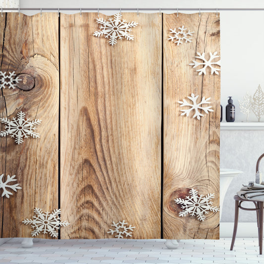 Christmas Bath Curtain: Wood Plank Snowflakes in Pale Brown, White, and Brown