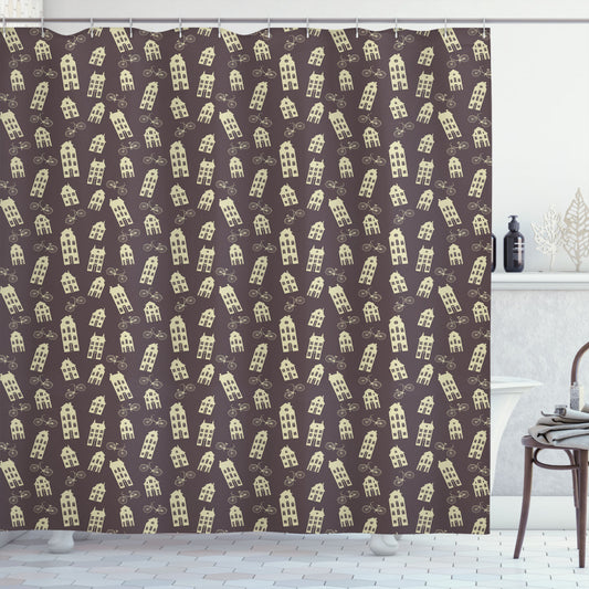 Vintage Amsterdam Themed Shower Curtain featuring Retro Houses and Bicycles in Dark Taupe and Cream