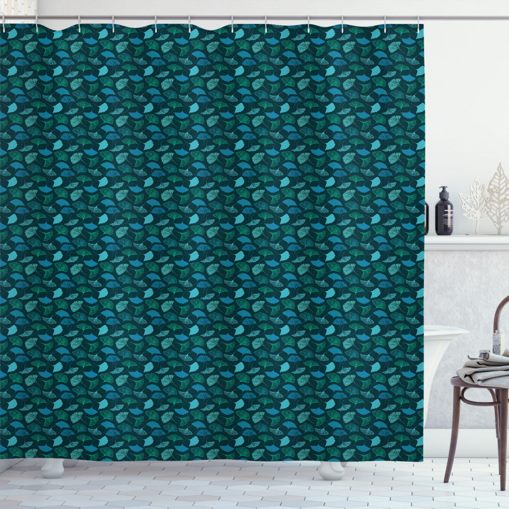 Tropical Paradise: Exotic Ginkgo Leaves Shower Curtain in Turquoise, Dark Teal, and Petrol Blue