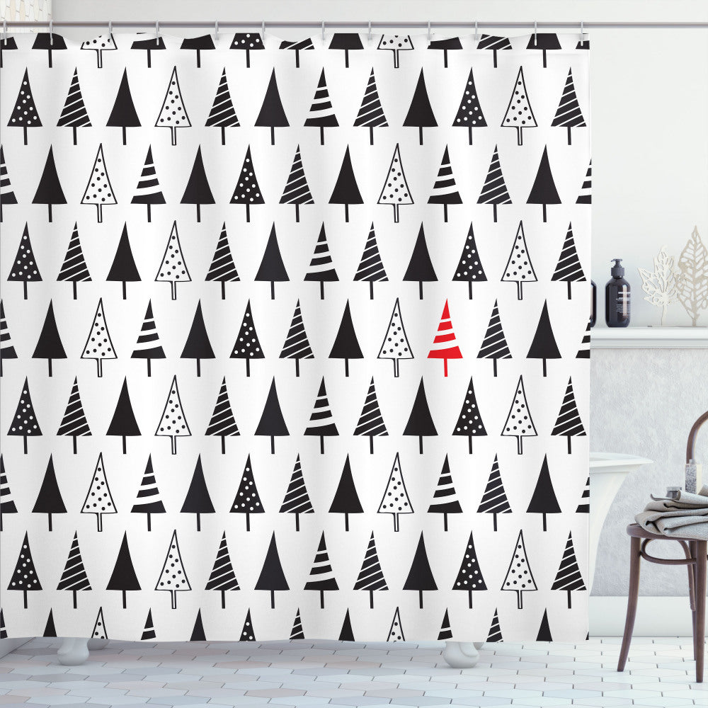 Christmas-themed Triangle Pine Trees Shower Curtain in Charcoal Grey and Vermilion Colorway