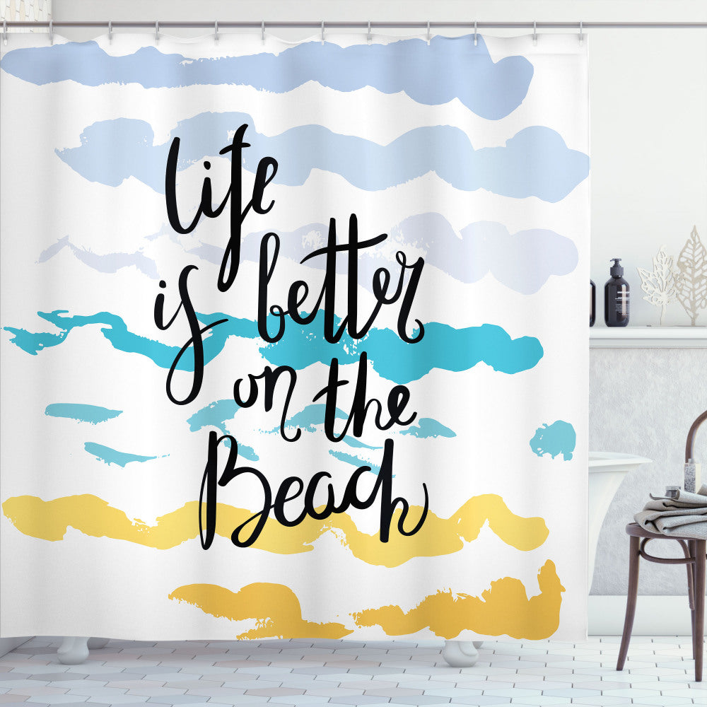 Beach Saying Watercolor Brushstroke Shower Curtain in Multicolor