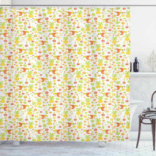 Toucan Birds and Pineapples Luau: Luxurious Shower Curtain in Dark Orange, Apple Green, and Yellow