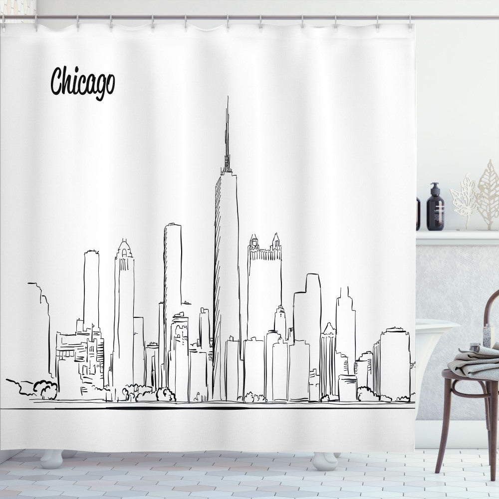 Chicago Skyline Inspired Downtown Sketch Shower Curtain in Classic White and Black Tones