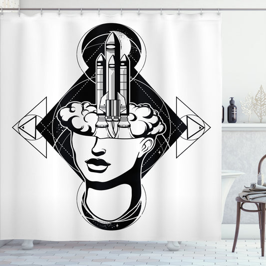 Black and White Woman Rocket Shower Curtain - Elegant Monochrome Bath Decor