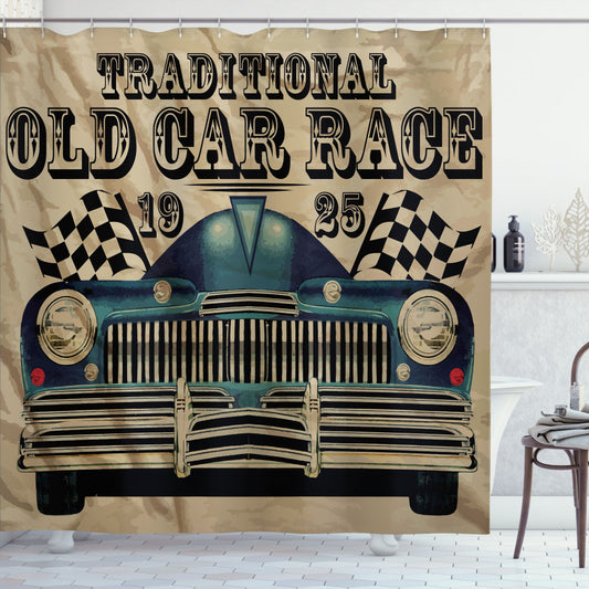 Vintage Race Car Inspired Shower Curtain in Classic Sand Brown, Black, and Blue Colors