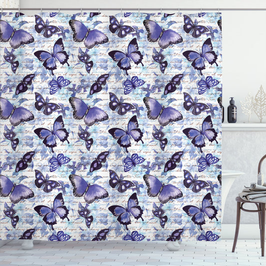 Vintage Floral Butterfly Shower Curtain in Retro Baby Blue, Violet, and Black Color Palette