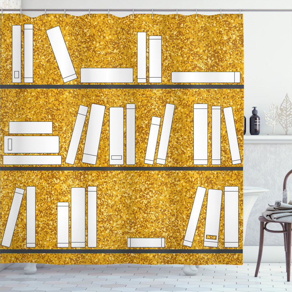 Chic Library Shower Curtain in Dark Yellow, Amber, Charcoal Grey, and White