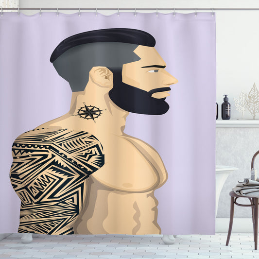 Tattooed Young Man Muscles Pastel Purple Dark Blue Grey Beige Shower Curtain