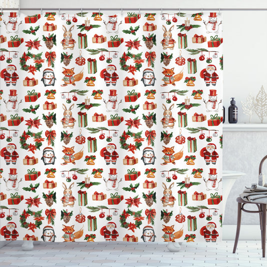 Christmas-themed Rabbits Candles Design Shower Curtain in Orange, Green, and Red