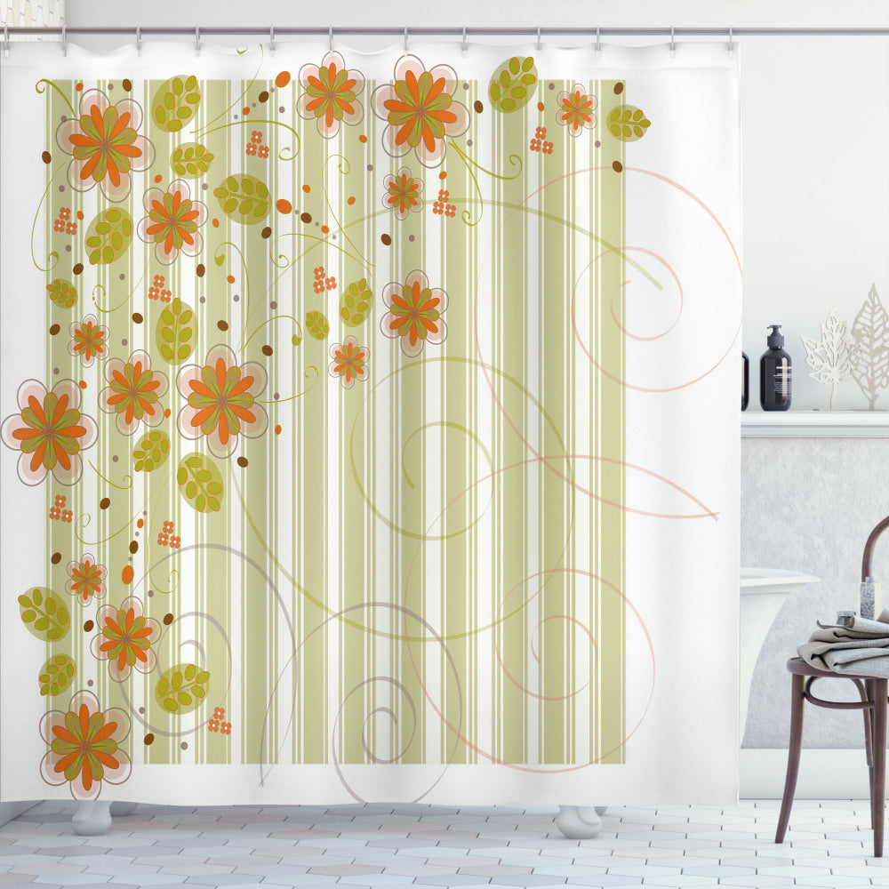 Vintage Floral Shower Curtain in Orange, White, and Green Swirled Flower Pattern