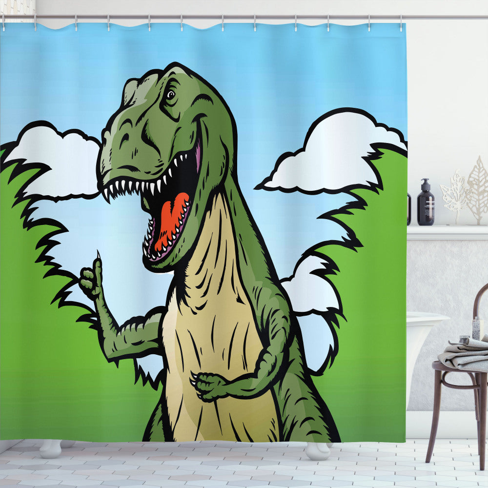 Whimsical Cartoon T-Rex Design on Dark Green and Pale Blue Background Shower Curtain