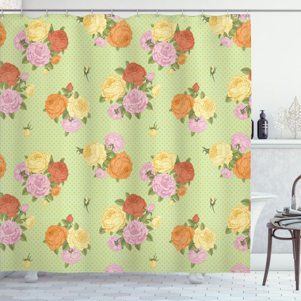 Vintage Floral Rose Shower Curtain in Shabby Flora with Pale Green, Pale Pink, and Yellow Accents