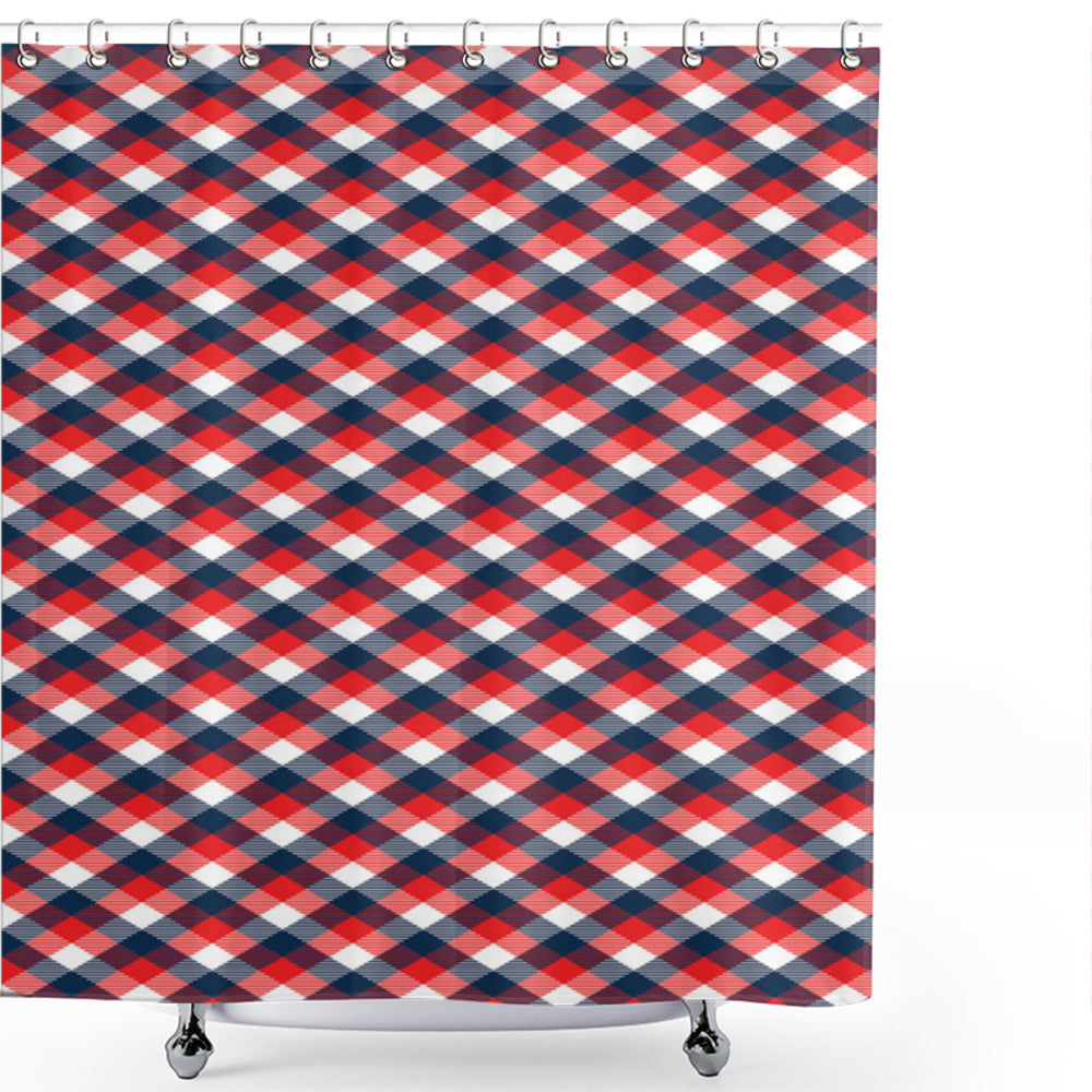 Vibrant Checkered Gingham Shower Curtain in Plaid Vermilion, Navy Blue, and White