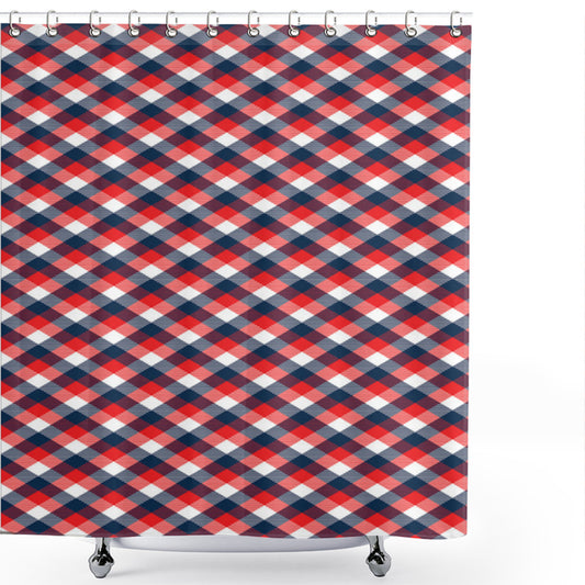 Vibrant Checkered Gingham Shower Curtain in Plaid Vermilion, Navy Blue, and White