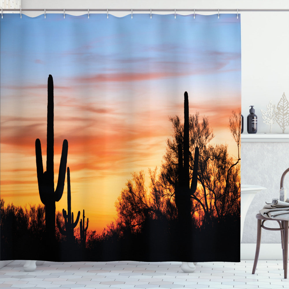 Wild West Desert Cactus Western Style Shower Curtain in Orange and Black