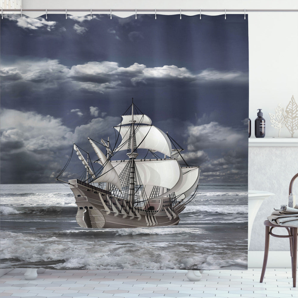 Caribbean Pirates Ship Inspired Shower Curtain in Landscape of Blue Grey, Pale Grey, and White