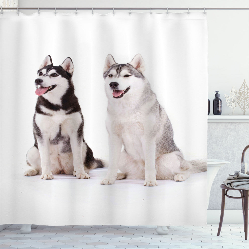 Alaskan Malamute Inspired Furry Doggies Shower Curtains in White, Black, and Cream