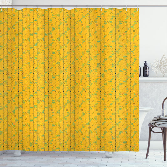 Abstract Geometric Dots and Lines Design Shower Curtain in Earth Yellow, Turquoise, and Dark Teal