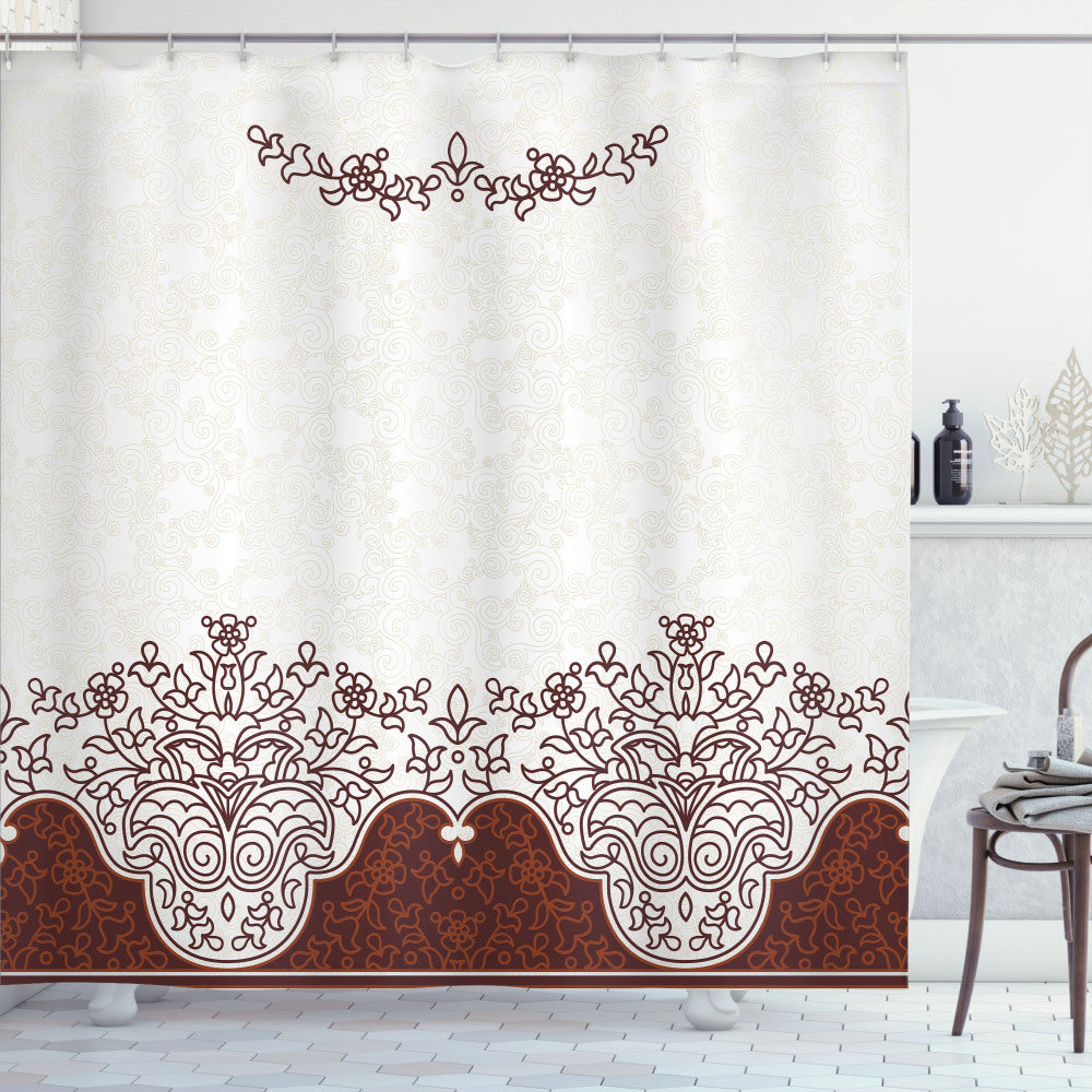 Traditional Floral Persian Design Bath Curtain in Beige and Brown Color Palette