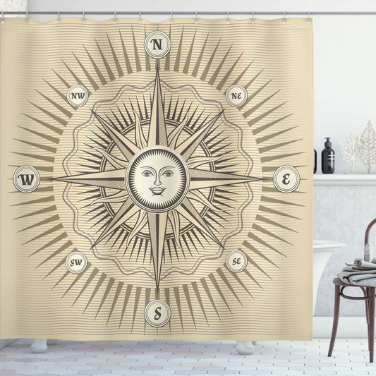 Vintage Windrose Compass Design Shower Curtain in Dark Taupe and Beige