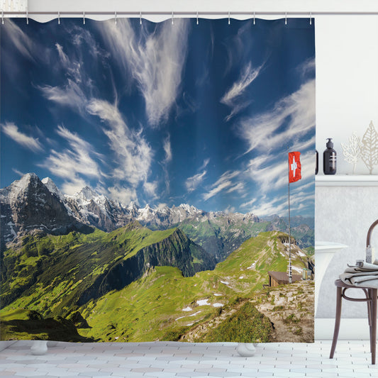 Swiss Alps Panorama: Multicolor Swiss Landscape Shower Curtain