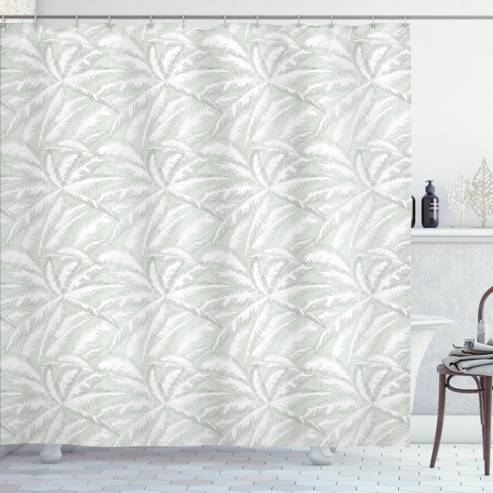 White Palm Tree Print Shower Curtain in Pale Sage Green Leafage Design