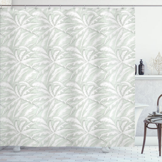 White Palm Tree Print Shower Curtain in Pale Sage Green Leafage Design